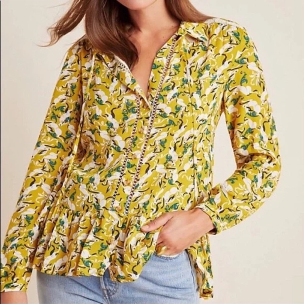 ANTHROPOLOGIE MAEVE Janie Flounced Peasant Blouse Rabbit Hare Print - Size S (0)